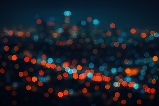 Vibrant city lights create an abstract bokeh background at night. Perfect for digital designs, banners, and tech advertising, evoking a modern, dynamic urban atmosphere.