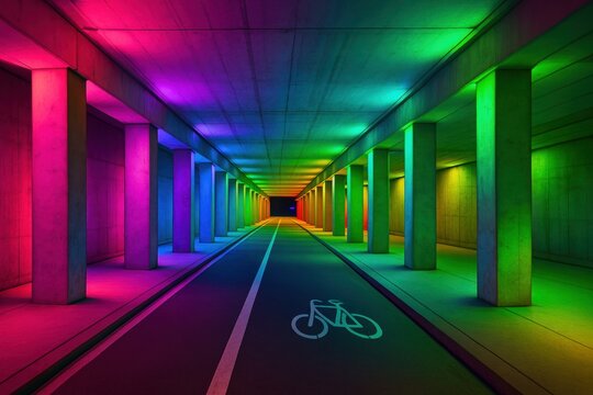Modern concrete underpass with a bicycle lane, dynamically lit by a vivid spectrum of neon colors. Ideal for urban lifestyle and technology themes.