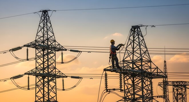 Electrician working on high voltage power lines and towers at sunset with transmission tower line worker power grid utility worker electrician electricity construction