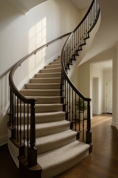 Elegant curved staircase featuring plush carpeted steps and a dark wood railing, bathed in natural light. Ideal for luxury real estate, interior design, or upscale home decor concepts.
