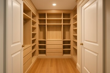 Fototapeta premium Spacious, modern walk-in closet featuring elegant wooden shelving, drawers, and an organized layout. Ideal for luxury home design, storage, and real estate promotion.