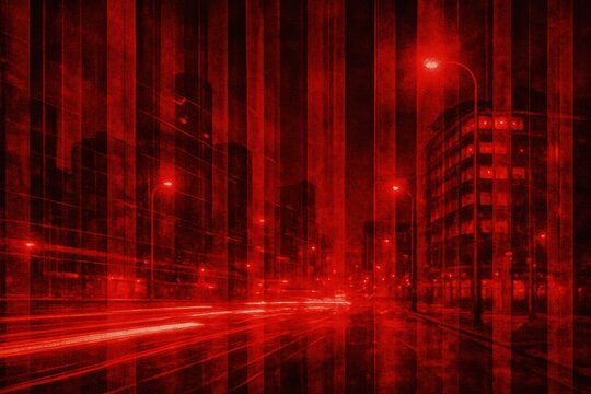 Vibrant red city street at night, featuring dynamic light trails and an abstract texture overlay. Evokes speed and modern urban energy, ideal for technology backgrounds or design.
