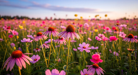 Fototapeta premium Field of pink coneflowers at sunset with soft light.