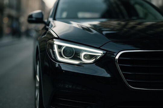 Sleek modern black car's illuminated LED headlight and chrome grille on a blurred urban background, conveying luxury and advanced technology. Perfect for automotive ads.