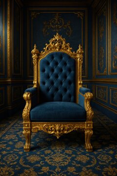A grand blue velvet throne with intricate gold carvings in a luxuriously decorated room. Evokes feelings of royalty, power, and wealth. Ideal for luxury, history, or status concepts.