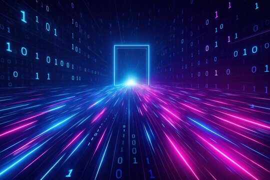 Futuristic cyber tunnel with vibrant neon light rays and binary code flowing through a central glowing portal. Ideal for technology, AI, data, and internet concepts.