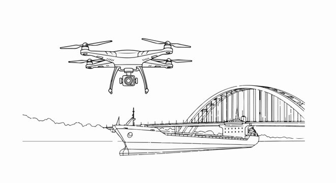 A drone hovers above a ship passing under a large bridge