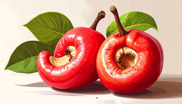 Fresh cut rose apple fruit halves.