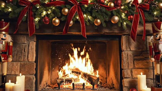 Cozy Christmas fireplace with warm glowing flames, holiday decorations, and candle ambiance