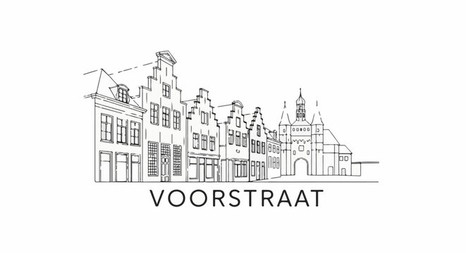 Stylized line drawing of historic European row houses and a tower