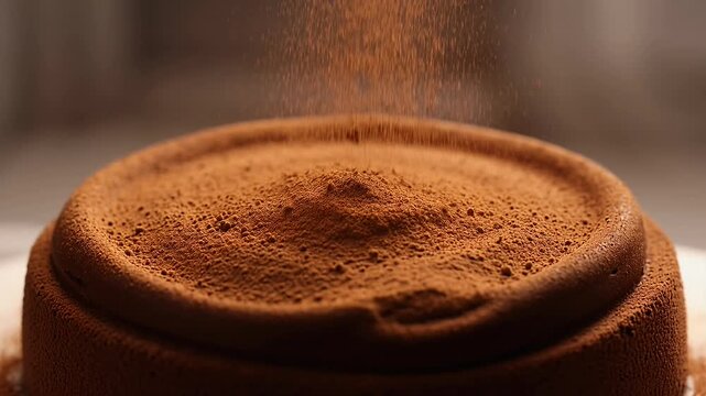 Cocoa powder falling on chocolate cake, dusting chocolate dessert with brown powder, gourmet dark chocolate cake close up, sweet bakery pastry