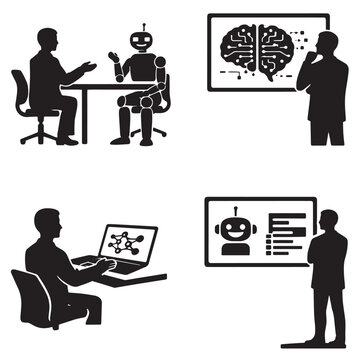 Four AI technology silhouettes showing human robot interaction brain analysis data development and programming in black and white grid