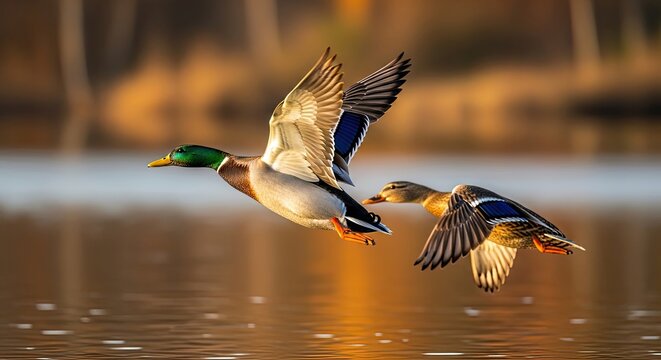 Mallard ducks in flight a dynamic wildlife moment over water