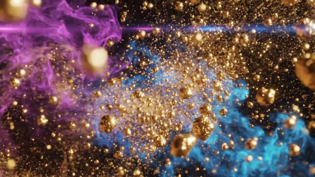Abstract cosmic explosion with glowing golden orbs and colorful nebula background, fantasy space concept