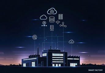 Obraz premium Smart Factory Night Scene with Connected Cloud Icons and Data Streams