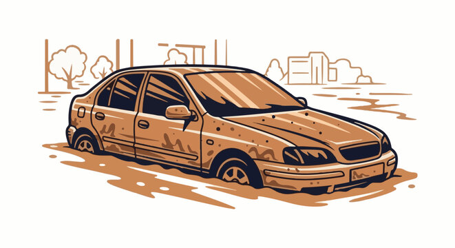 A muddy sedan is stuck in water with buildings and trees in the background