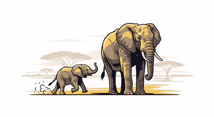 Fototapeta premium A large elephant and its calf walk across a dusty savanna with acacia trees