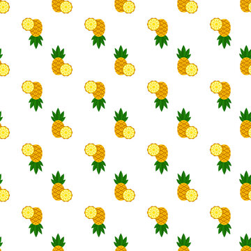 Seamless pattern of whole and sliced pineapples on a transparent background