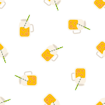 Pattern of fresh orange juice in mason jars with straws on a transparent background