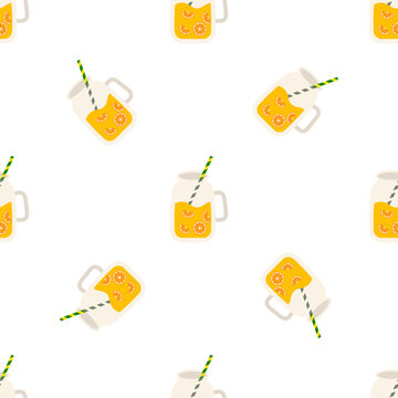 Seamless pattern of refreshing citrus drinks in mason jars with striped straws on a transparent background