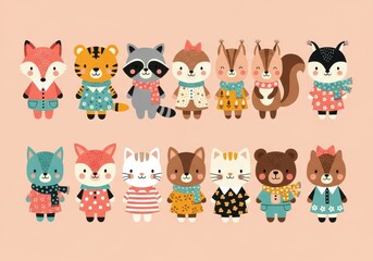 Fototapeta premium Cute cartoon animals stand in rows wearing colorful scarves and patterned clothing.