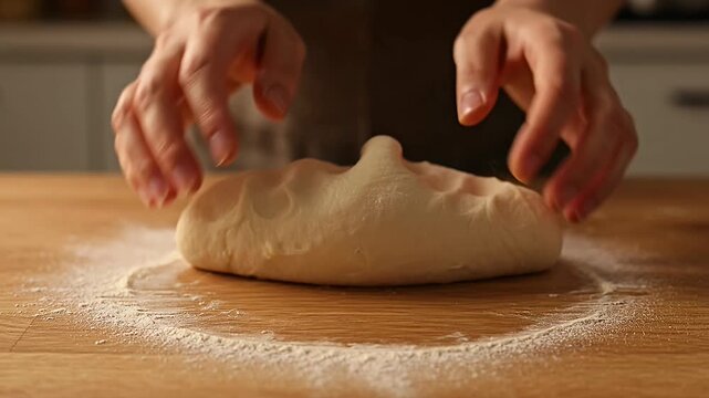 Artisanal bread dough kneading on wooden table, baker hands preparing raw yeast dough with flour, rustic kitchen baking process