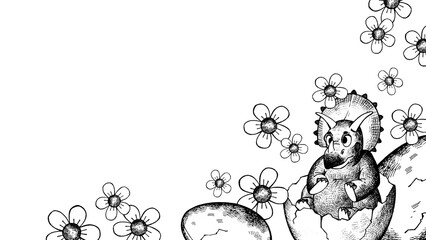 A graphic frame featuring a cute triceratops hatching from an egg in a nest. Black and white graphic illustration. Perfect for children's products and designs. © Anna Bastron