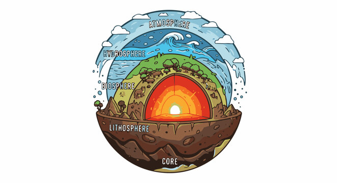 Cross-section of a planet showing its core, lithosphere, biosphere, hydrosphere, and atmosphere