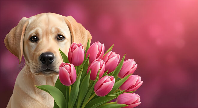 Golden retriever holding pink tulips for Mother's Day celebration with soft bokeh background
