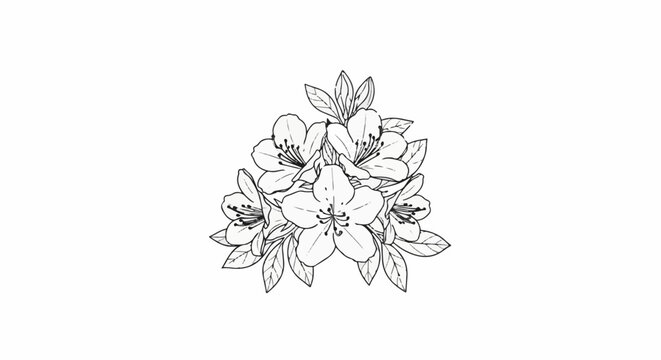 Delicate black and white sketch of a cluster of blooming flowers with leaves