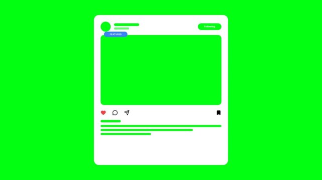 Professional social media interface mockup populates a white card with functional UI icons and a media placeholder for seamless chroma key integration.