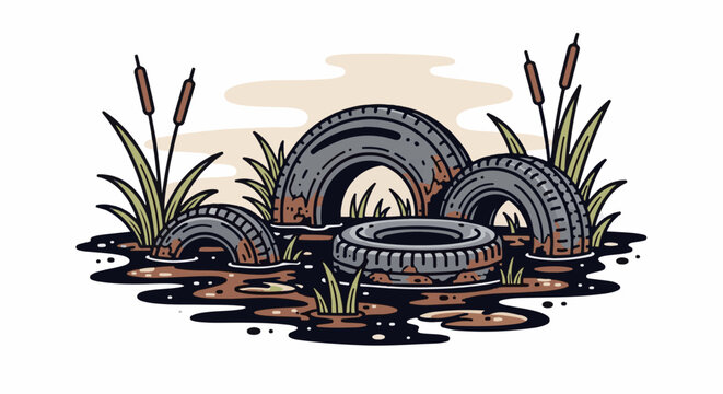 Discarded tires and reeds in murky water, environmental pollution