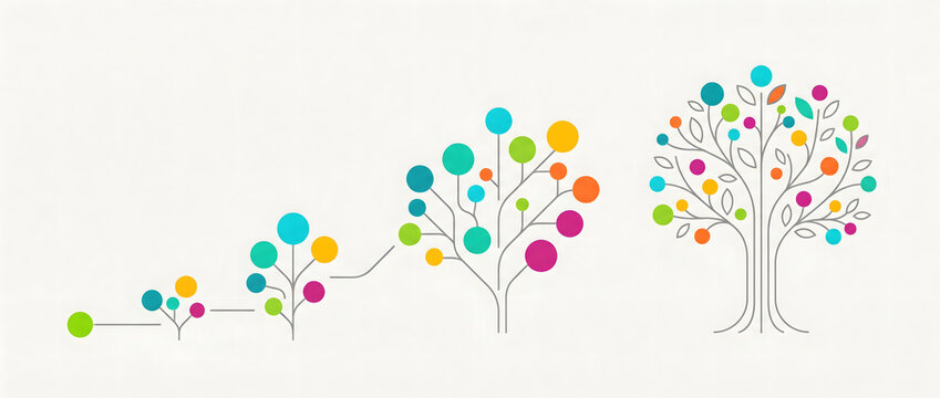 Colorful dot tree structure illustrating growth and evolutionary process