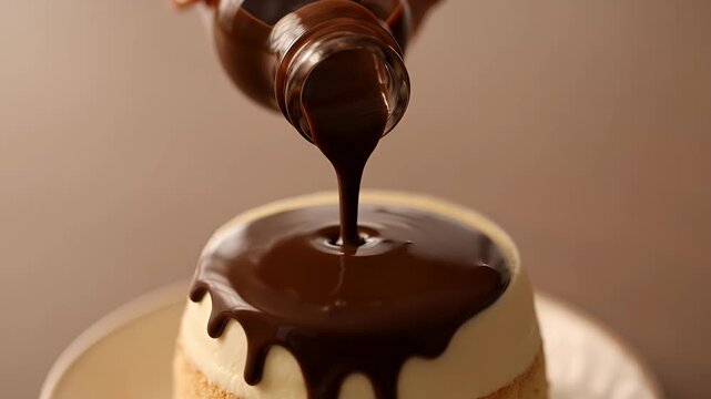 Rich chocolate ganache pouring over gourmet cake, decadent dark cocoa syrup dripping on vanilla frosting, luxury dessert preparation for bakery