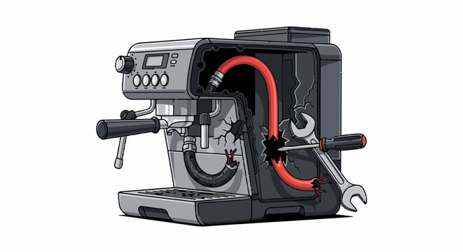 Damaged espresso machine with exposed red tube, tools nearby