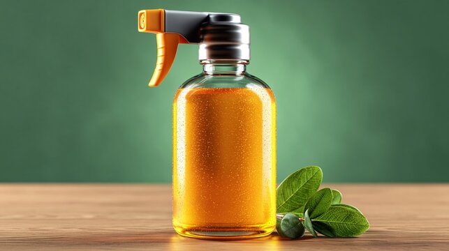 Golden liquid in spray bottle gleams on wooden surface. Fresh mint leaves beside bottle add natural touch. Green backdrop enhances focus on product and herbs. Ideal for home cleaning, wellness