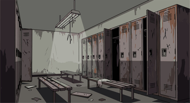 Dilapidated locker room with rusted metal lockers and decaying benches
