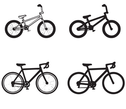 Four bicycle silhouettes showing bmx and road bike designs in black and white grid