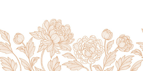 Elegant luxury seamless border with a floral pattern of peonies and leaves. Floral frame. Vector illustration for wedding invitation, greeting card, packaging, branding, design   © Feodora_21