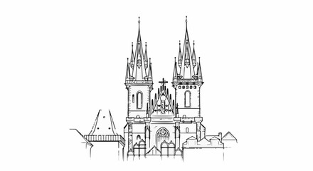 Fototapeta premium Detailed line drawing of a gothic church with twin spires and intricate architectural features