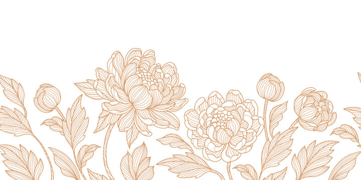 Elegant luxury seamless border with a floral pattern of peonies and leaves. Floral frame. Vector illustration for wedding invitation, greeting card, packaging, branding, design 
