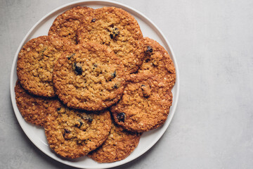 Freshly baked homemade oatmeal cranberry cookies on plate on grey background, top down view. Healthy sweet food. Copy space for text. © Iryna