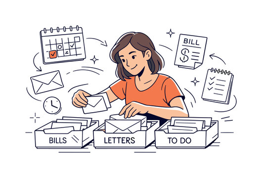 Home organization moment. Person sorting mail into labeled trays or slots, calm focused action and tidy