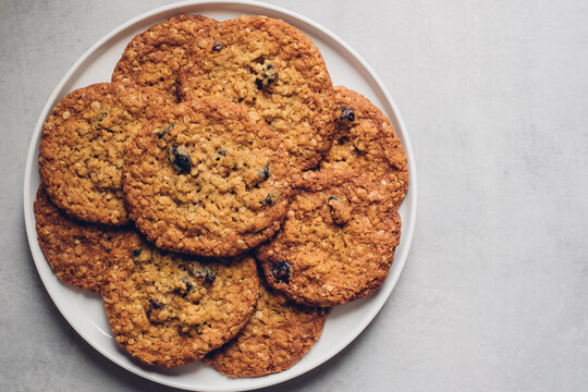 Freshly baked homemade oatmeal cranberry cookies on plate on grey background, top down view. Healthy sweet food. Copy space for text.