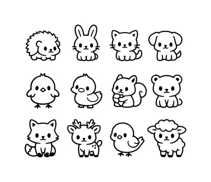 Cute animals. Line outline icon set of Cute animals: hedgehog, bunny, kitten, puppy, chick, duckling, squirrel