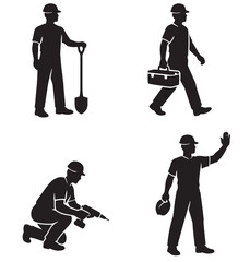 Four construction worker silhouettes showing shovel toolbox drill and helmet in black and white grid © Abrar Hussain