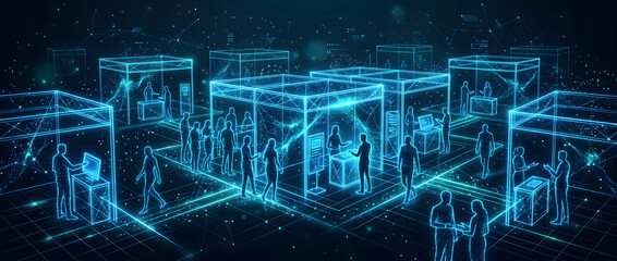 Fototapeta premium Holographic virtual exhibition booths with people interacting in a futuristic tech environment