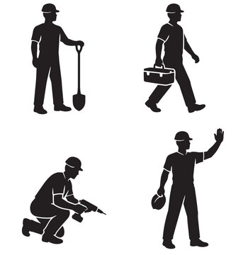 Four construction worker silhouettes showing shovel toolbox drill and helmet in black and white grid