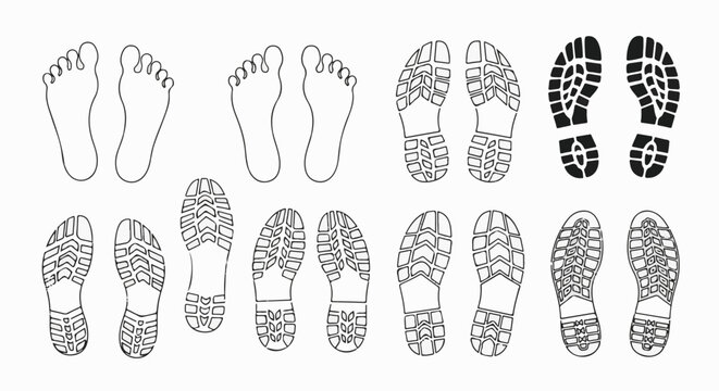 Collection of bare footprints and boot prints showing different tread patterns