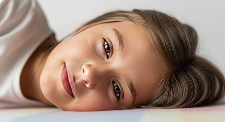 Obraz premium Close-up portrait of a young girl with brown eyes smiling gently, looking at the camera.